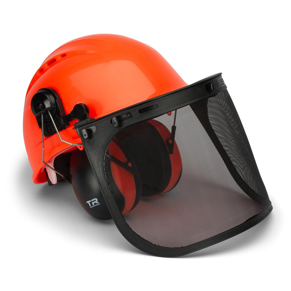 TR Industrial forestry helmet with earmuffs offers built-in hearing protection for noisy tasks.