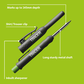 Tracer deep-hole pencil with extended 2B lead for marking depths up to 5.7 inches.