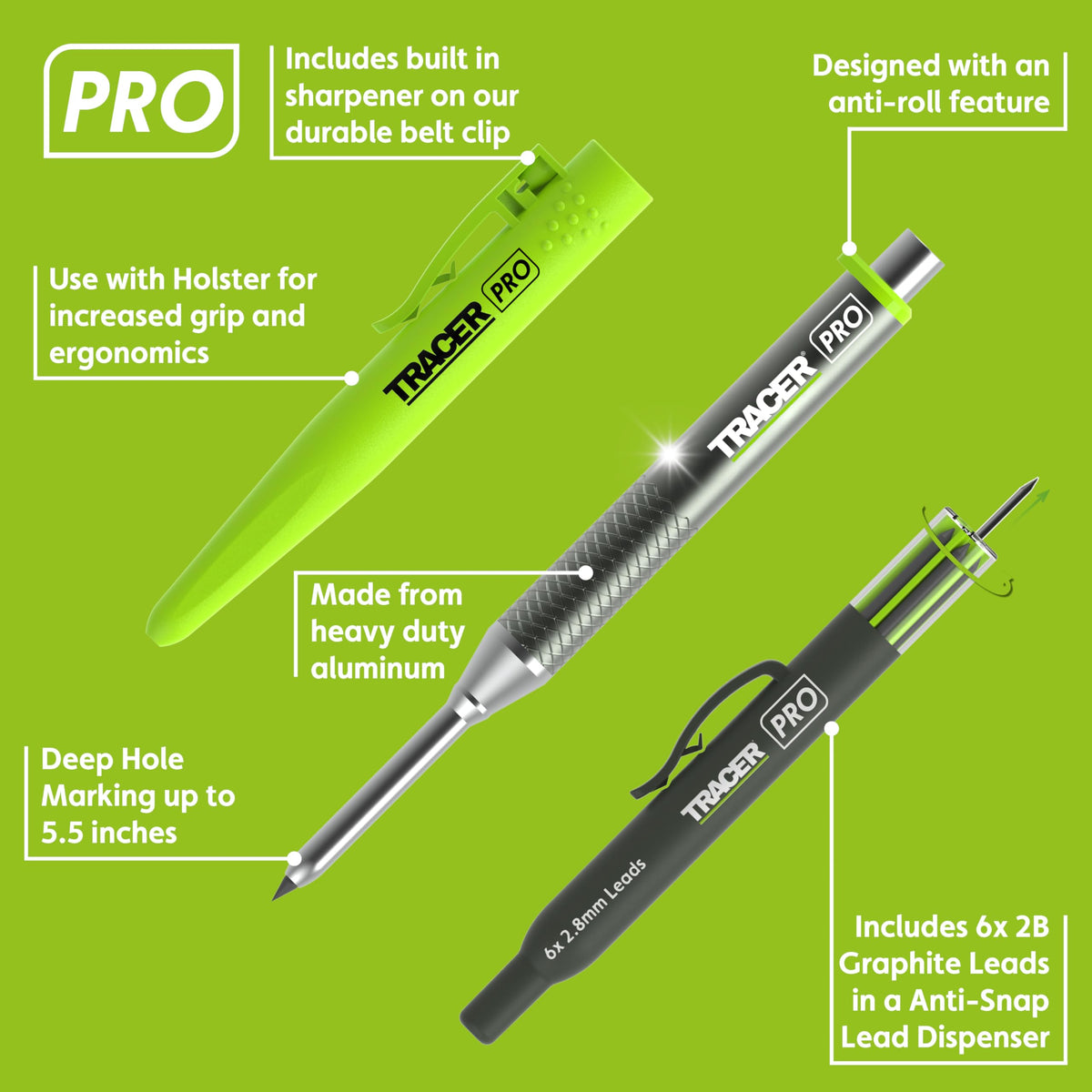Tracer Pro aluminum pencil showing anti-roll design keeps marks on site.