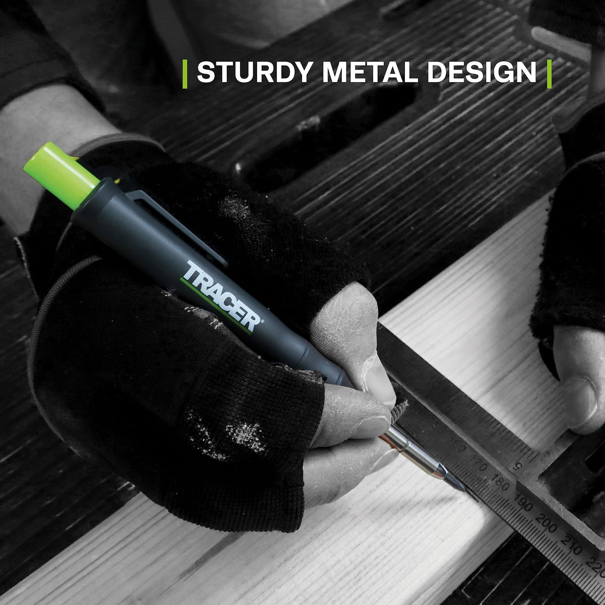 Tracer site clip keeps the pencil securely attached on clothing for easy accessibility.