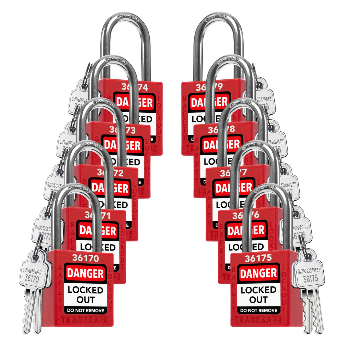 TRADESAFE lockout locks front view showcasing durable red padlocks for safety compliance