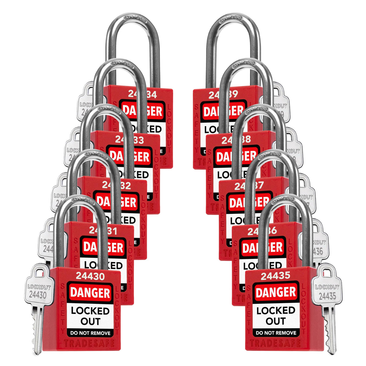 TRADESAFE lockout set of ten red locks for clear safety control.