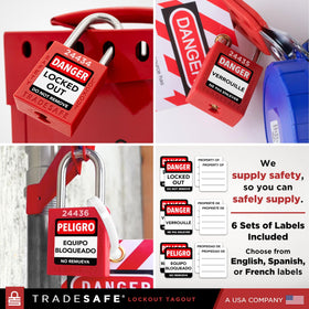 TRADESAFE locks include writable back labels for recording lockout steps.