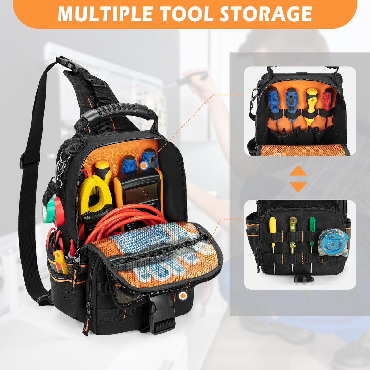 Trahzia tool pouch with ergonomic handle for comfortable hand carry.