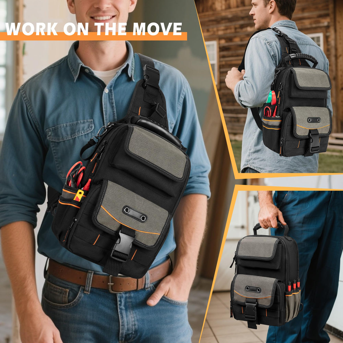 Trahzia tool pouch large main compartment holds screwdrivers, pliers, and wrenches.