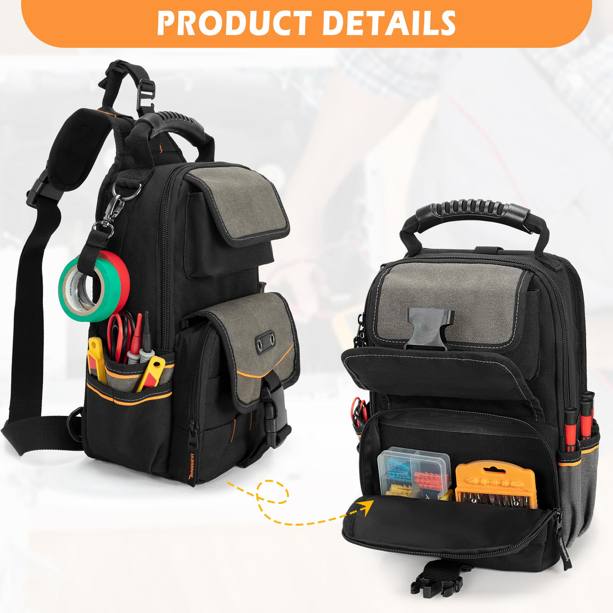 Trahzia tool pouch with removable shoulder strap for versatile site transport.