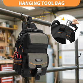 Trahzia tool pouch top buckle hanger for quick access on rails or ladders.
