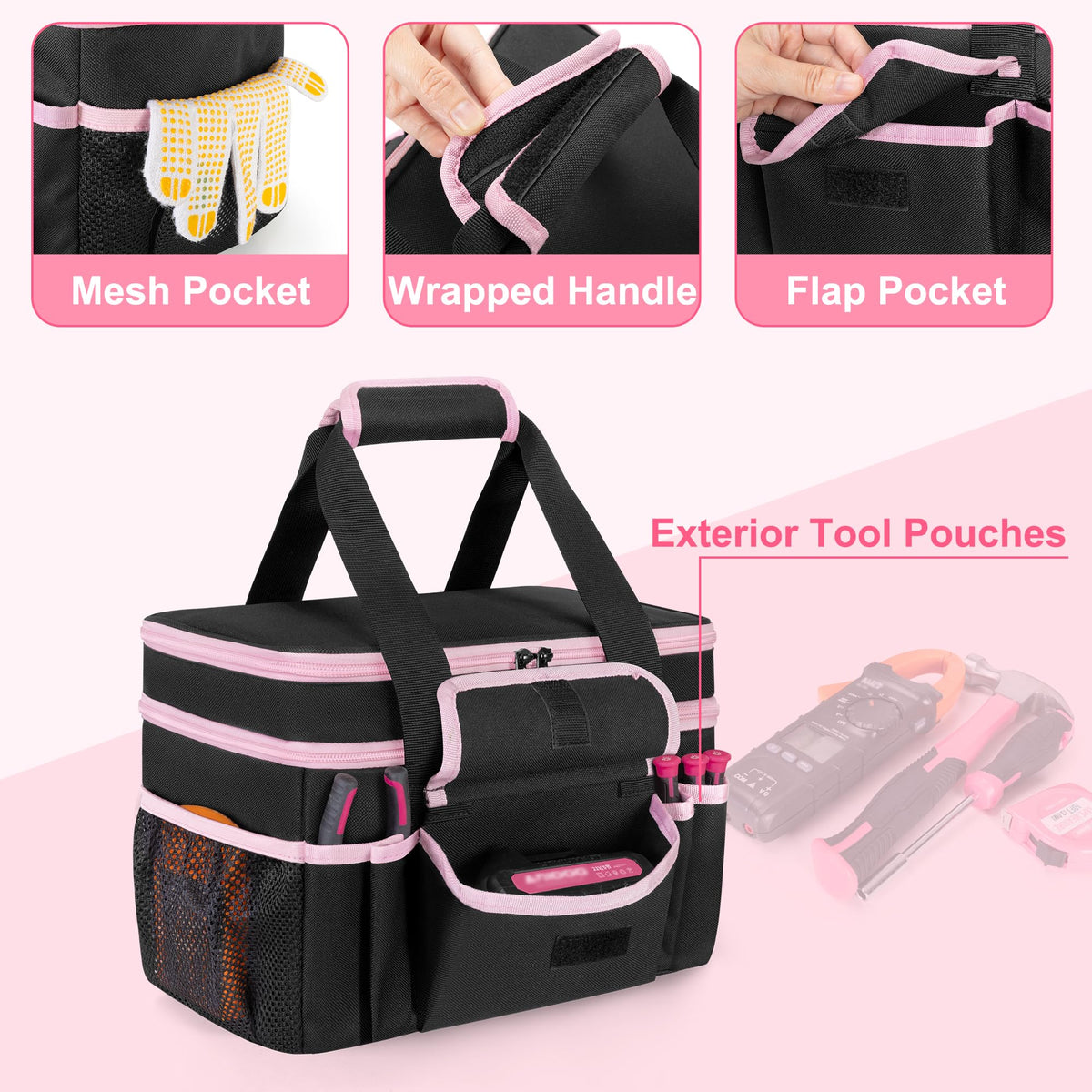 Trahzia Tool Tote Bag front belt holds tape measures for easy measurement during jobs.