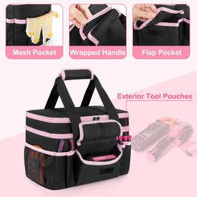 Trahzia Tool Tote Bag front belt holds tape measures for easy measurement during jobs.