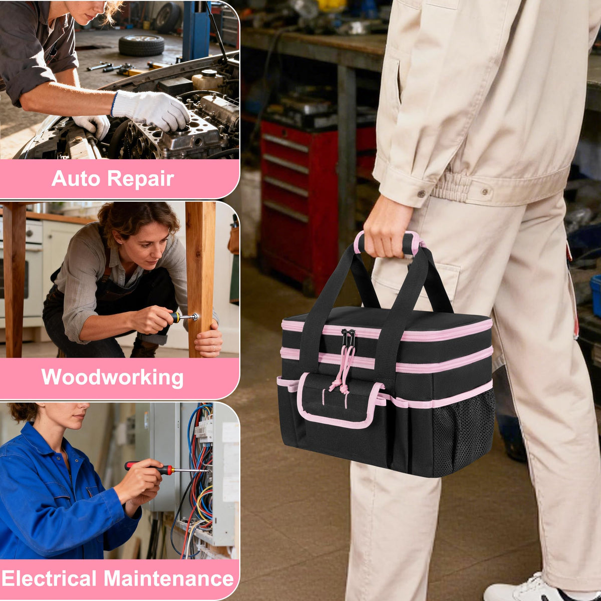Trahzia Tool Tote Bag wrapped handle offers comfortable carrying between locations.