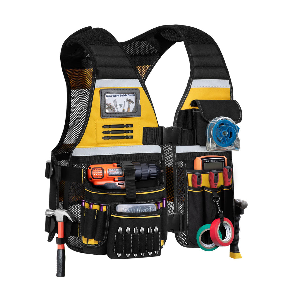 Trahzia tool vest with adjustable strap for secure fit on site