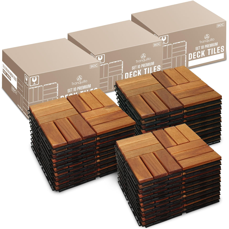 Tranquillo interlocking deck tiles in natural crossed pattern offer a non-slip surface for patios
