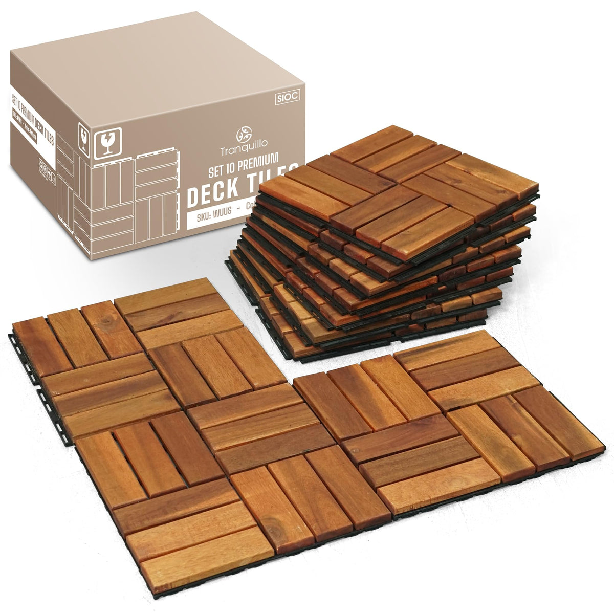 Tranquillo interlocking deck tiles show quick assembly for outdoor patios.