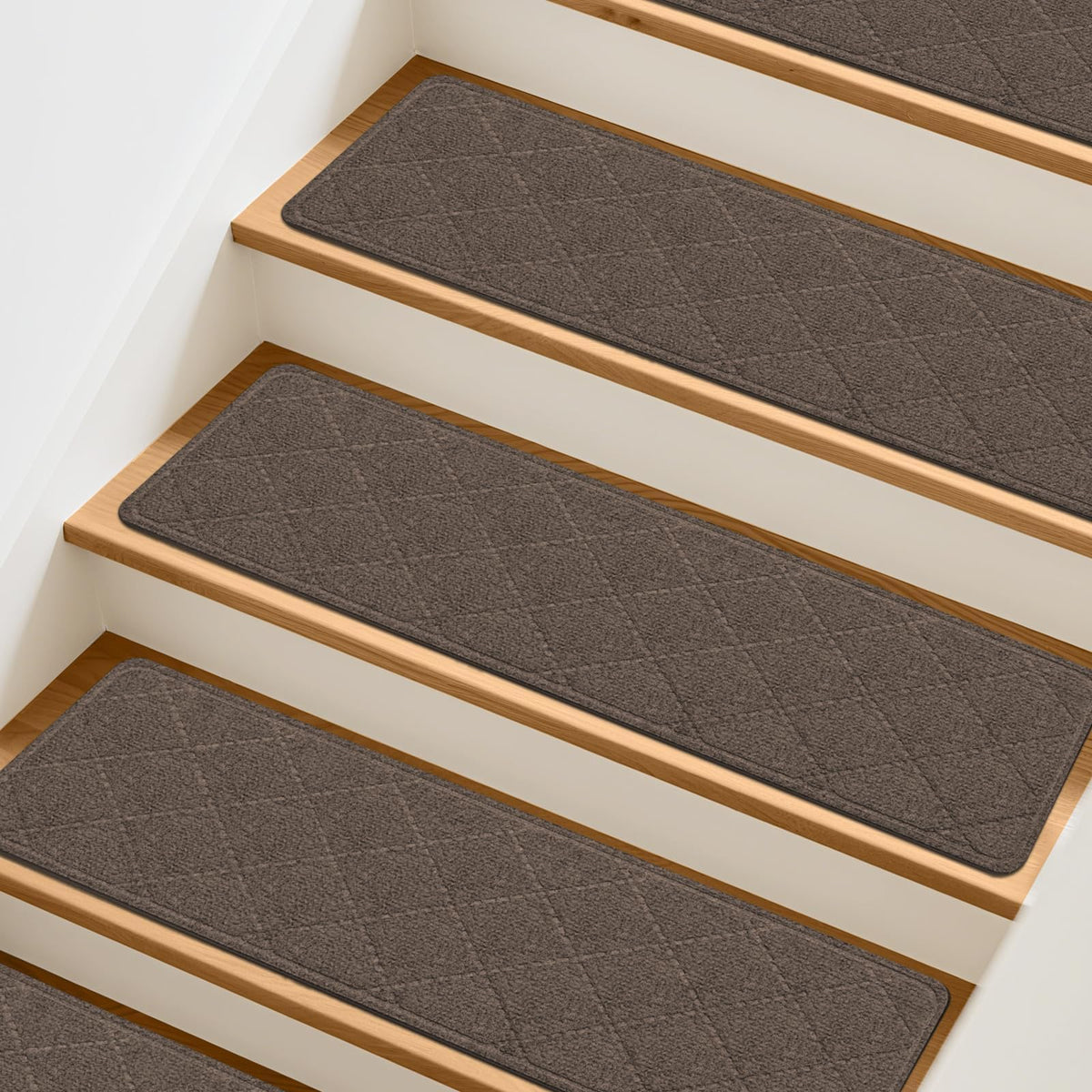 TranquilMoments stair treads on stairs reduce noise and protect wood floors.