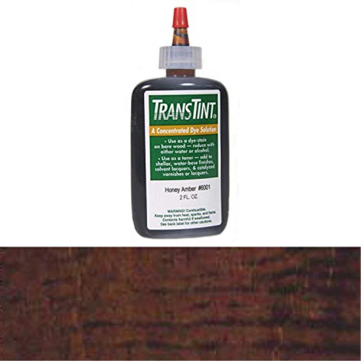 TransTint Dark Walnut dye bottle pour for precise color matching in wood finishing