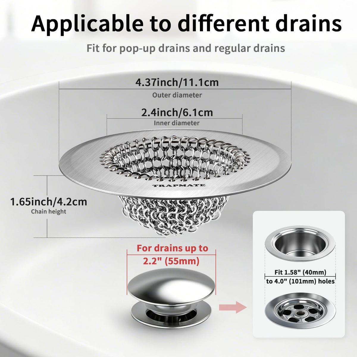 TRAPMATE 304 stainless steel strainer resisting rust for long-lasting bathroom use.