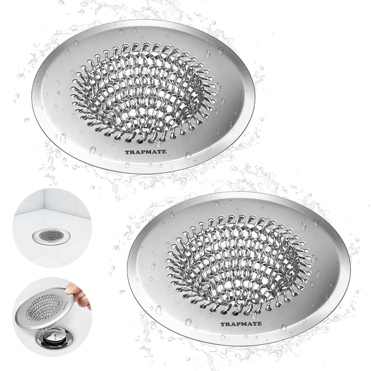 TRAPMATE bathroom drain strainer 4.4 inch captures hair and speeds drainage.