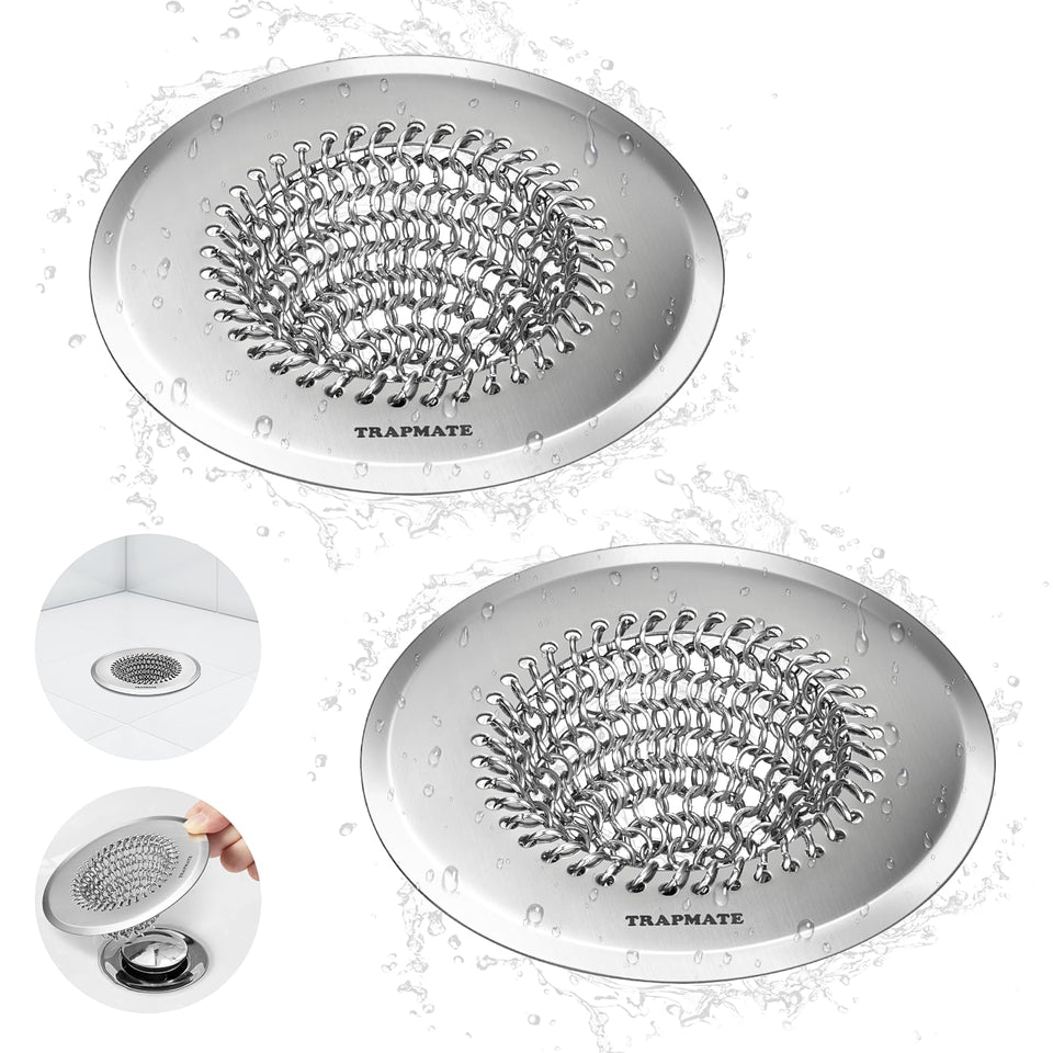 TRAPMATE bathroom drain strainer 4.4 inch captures hair and speeds drainage.