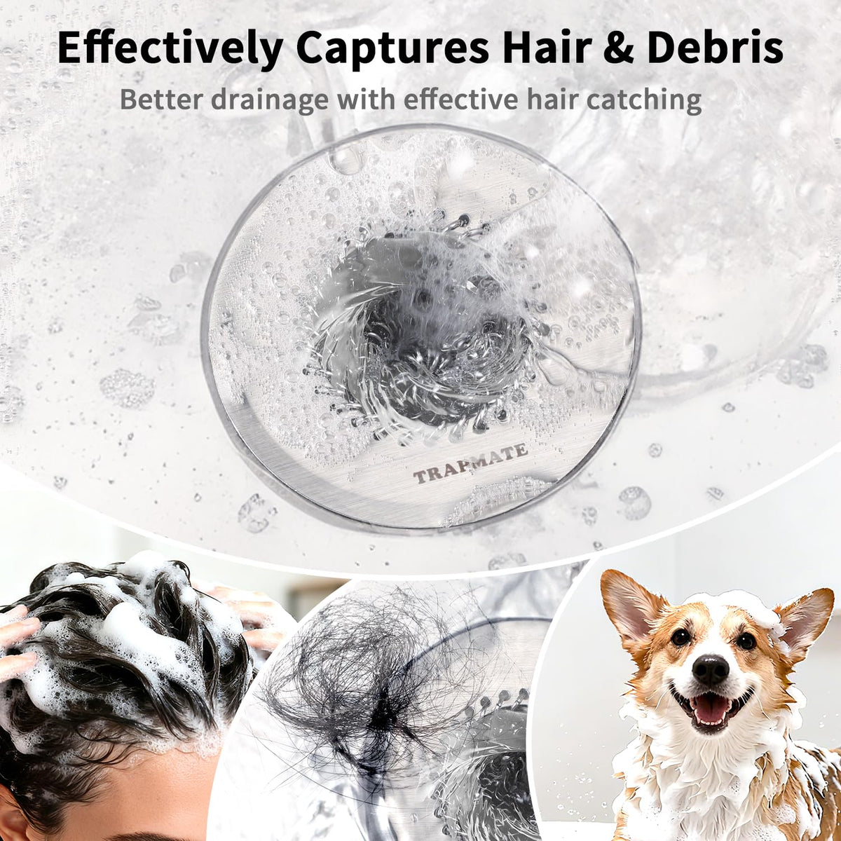 TRAPMATE deep-design drain-strainer hides debris and reduces maintenance tasks