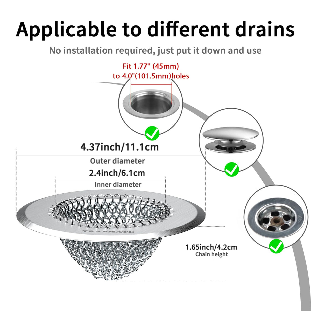 TRAPMATE 304 stainless steel design resists rust in wet bathrooms.