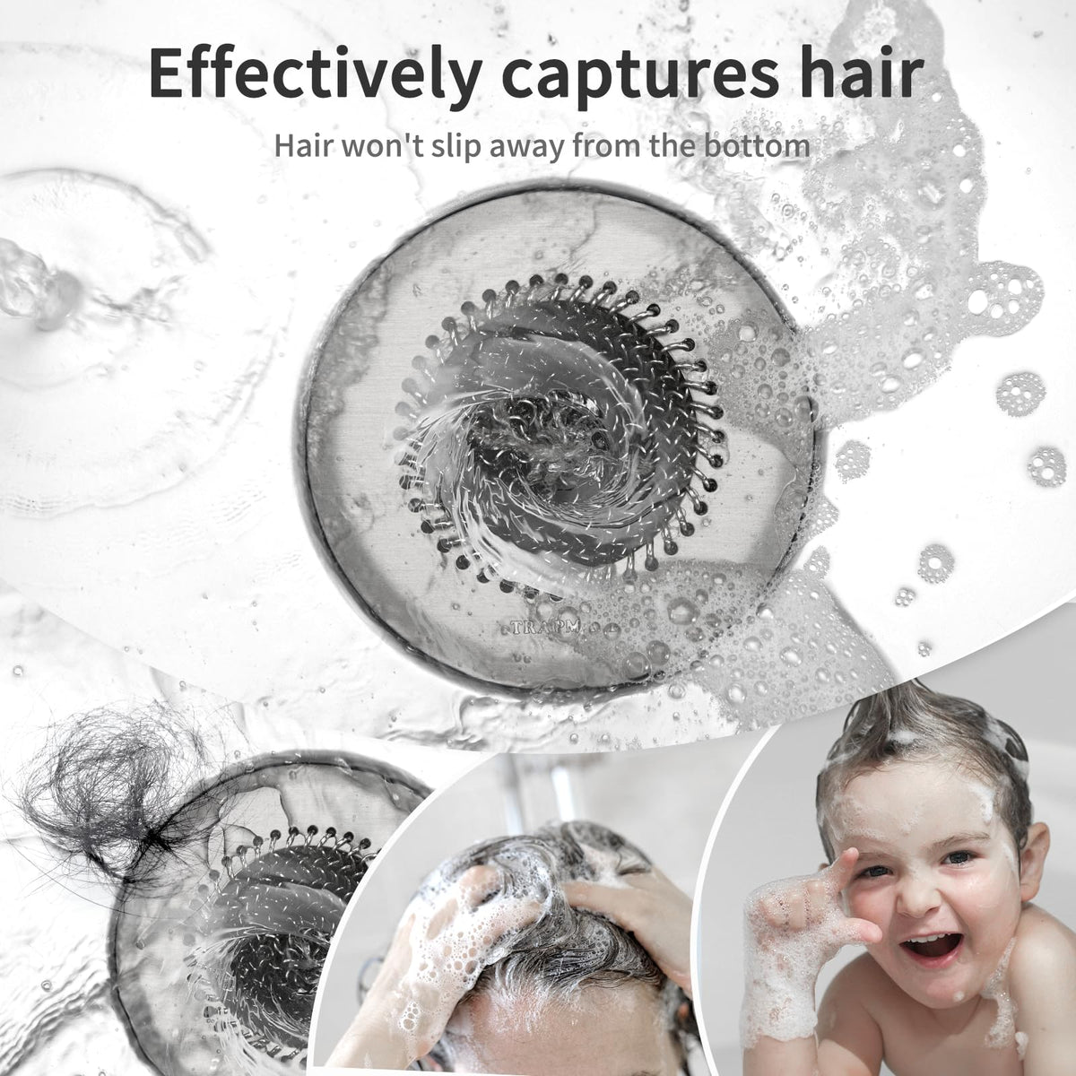 TRAPMATE easy-clean hair catcher in use, flip to release hair