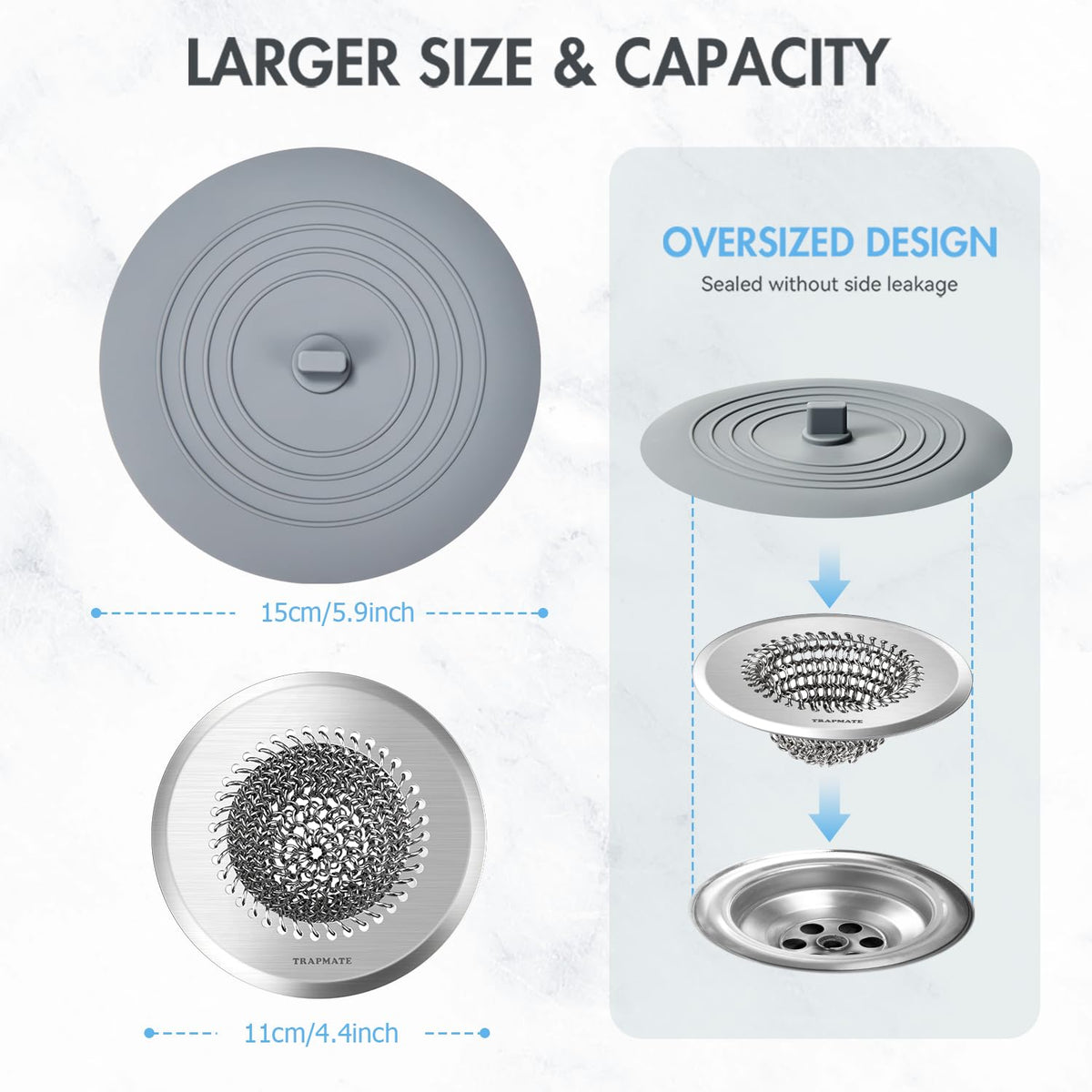 TRAPMATE fast-drain feature speeds water flow for efficient dishwashing.