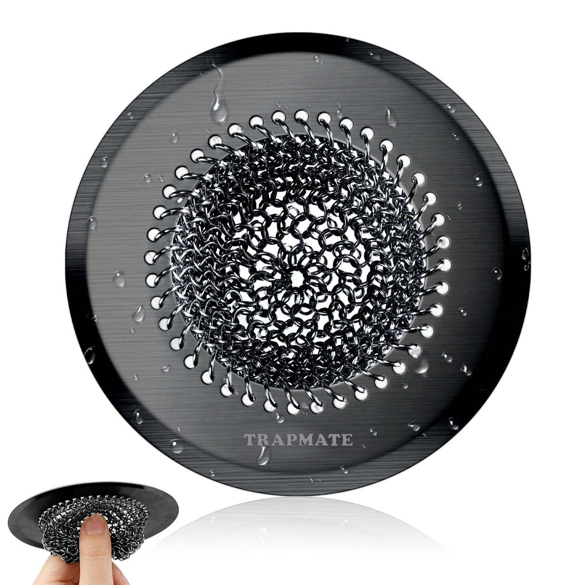 TRAPMATE sink strainer showing flip-for-easy-clean design for quick debris dumping