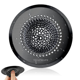TRAPMATE sink strainer showing flip-for-easy-clean design for quick debris dumping