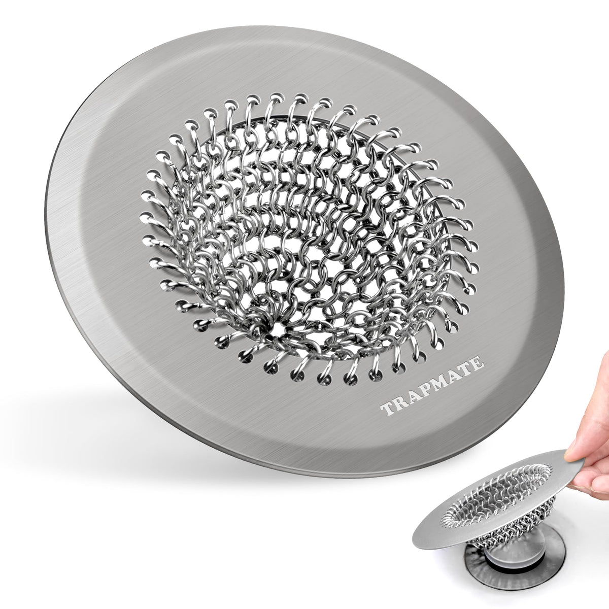TRAPMATE hair catcher drain cover on tub edge catches hair to prevent clogs