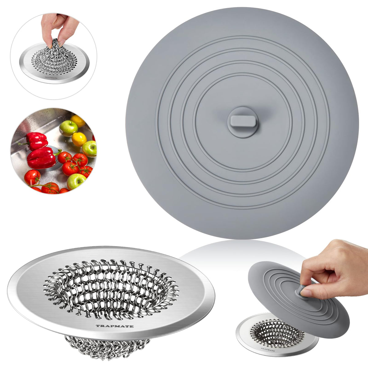 TRAPMATE kitchen sink drain strainer fits snugly to catch debris and prevent clogs.
