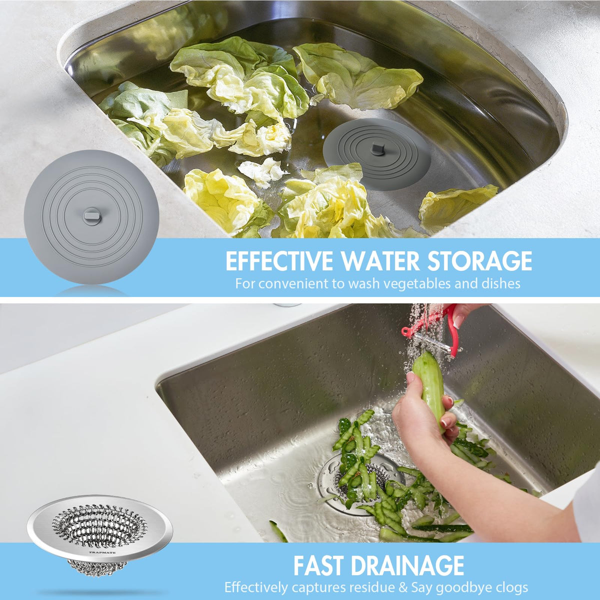TRAPMATE sink stopper assembly enables quick sealing for water-saving use.