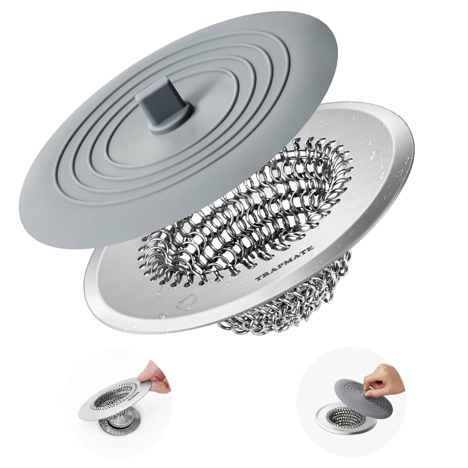 TRAPMATE tub stopper hair catcher over a bath drain showing hair being collected