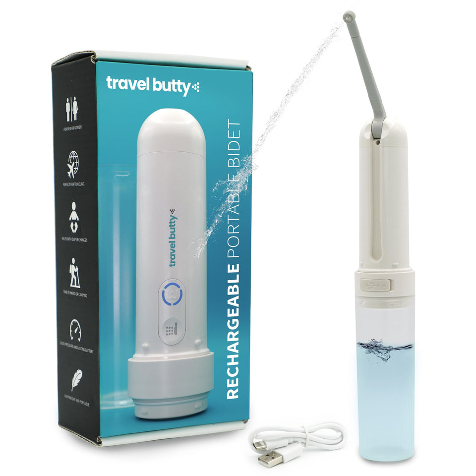 Travel Butty portable bidet nozzle adjusted 180 degrees for versatile cleaning.