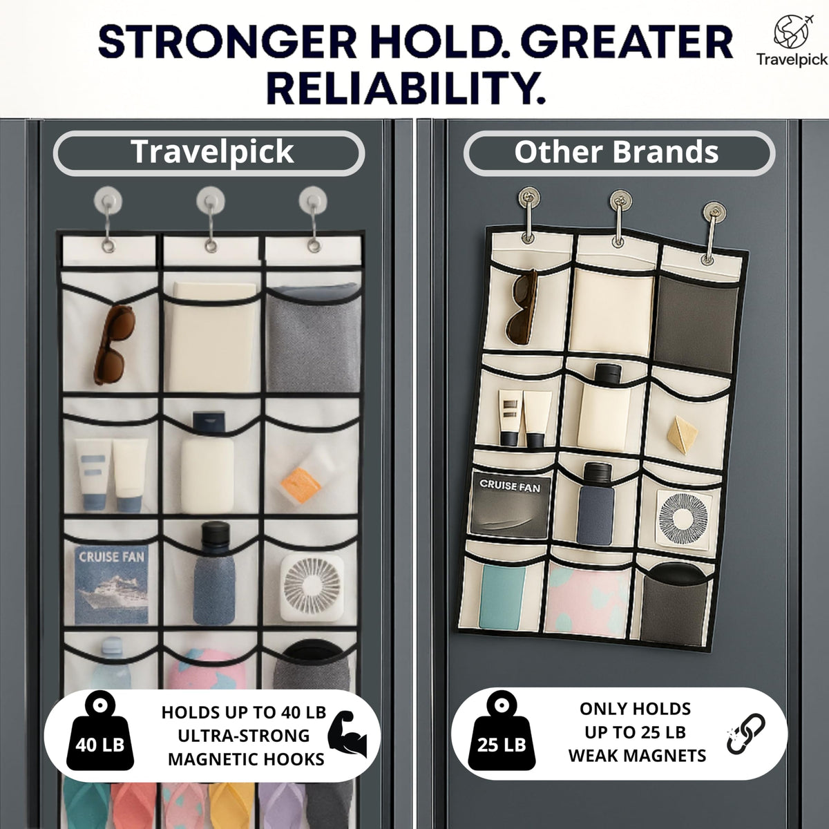 TravelPick 15-pocket cruise storage neatly holds toiletries, shoes, and essentials.