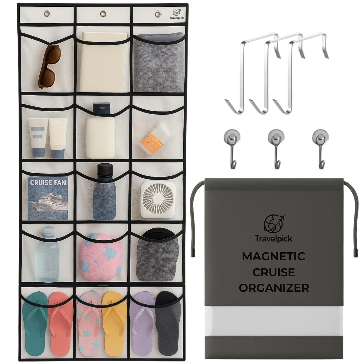 TravelPick magnetic cruise cabin organizer mounted on door with secure 40 lb grip.