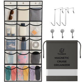 TravelPick magnetic cruise cabin organizer mounted on door with secure 40 lb grip.