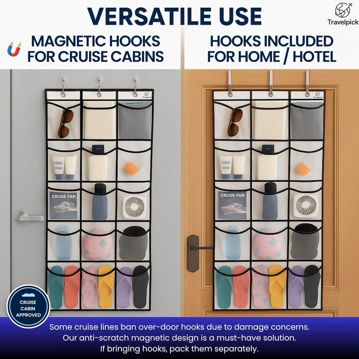 TravelPick over-door hooks set secures non-magnetic doors with quick, tool-free setup.