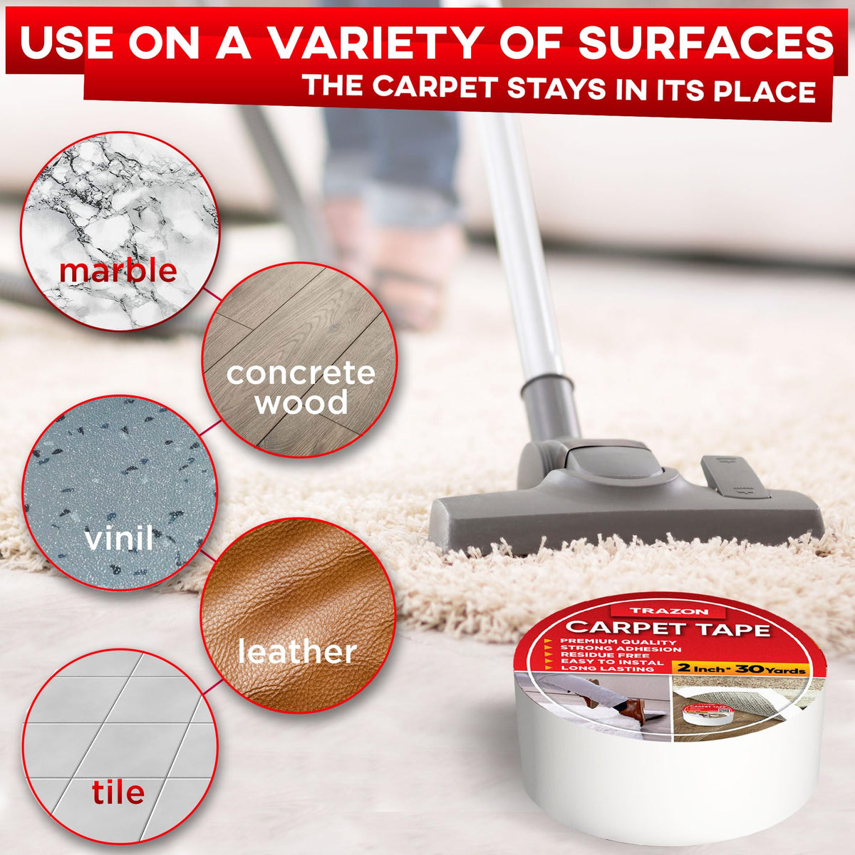Trazon carpet tape is water and heat resistant for busy homes