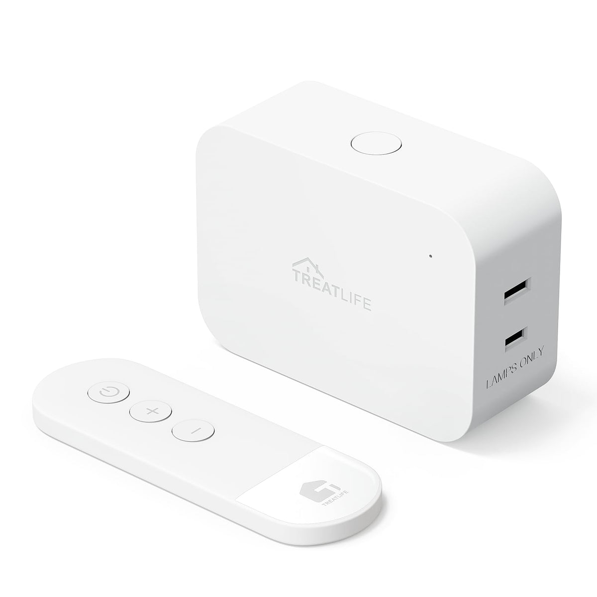 TREATLIFE 2 in 1 dimmer plug front view with remote and dual outlets for easy control