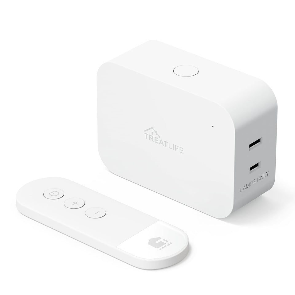 TREATLIFE 2 in 1 dimmer plug front view with remote and dual outlets for easy control