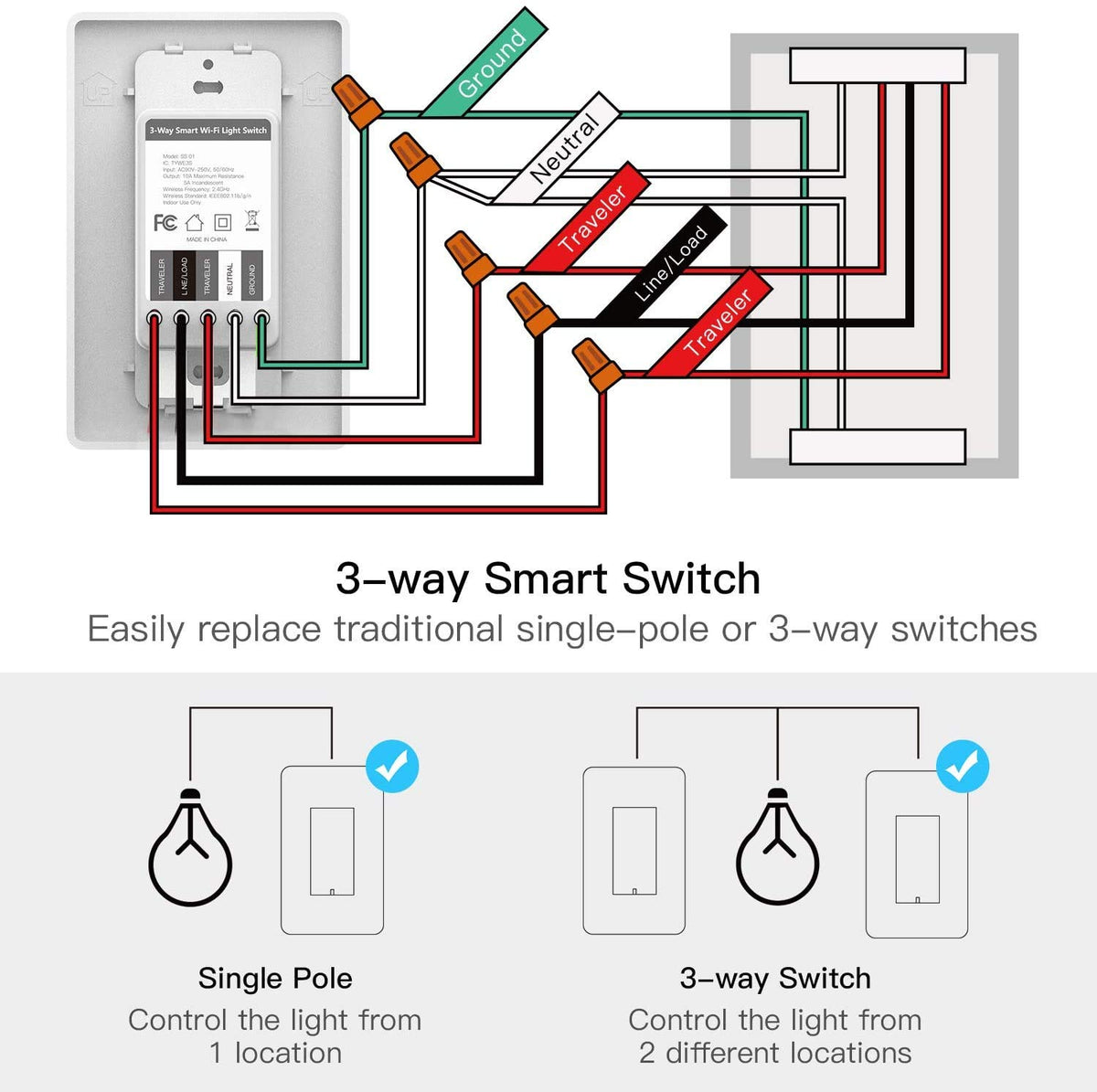Treatlife 3‑way switch max wattage 1250W for high‑load lighting.