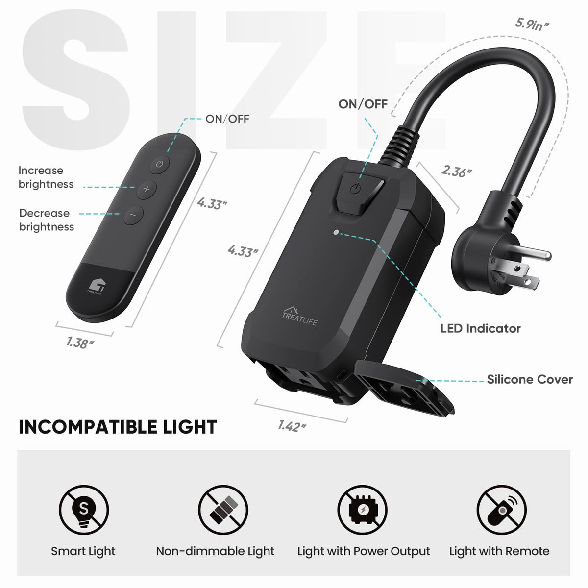 TreatLife dimmer plug IP44 weatherproof shell protects outdoor lighting.