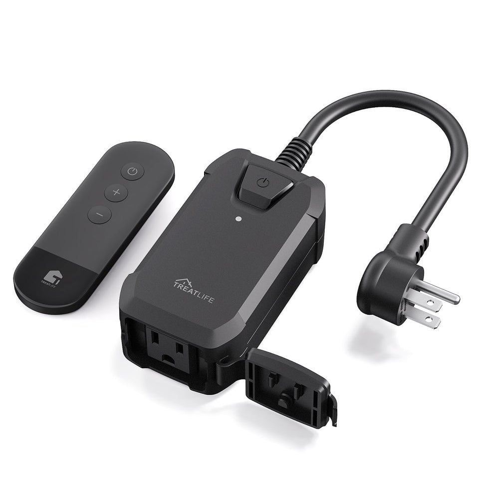TreatLife dimmer plug with outdoor remote controls string lights and porch lamps.