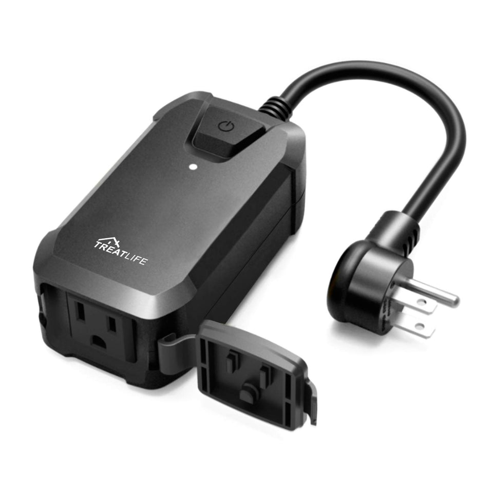 TREATLIFE outdoor dimmer plug with Wi‑Fi setup for patio lighting control.