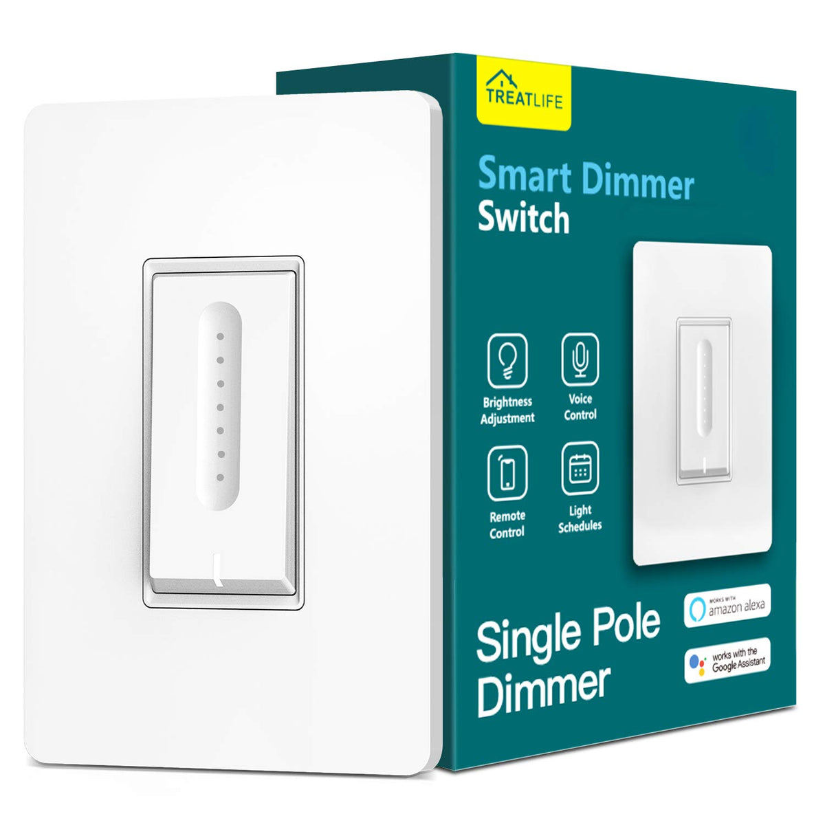TREATLIFE Smart Dimmer Switch front view showing easy one-handed dimming for living rooms.