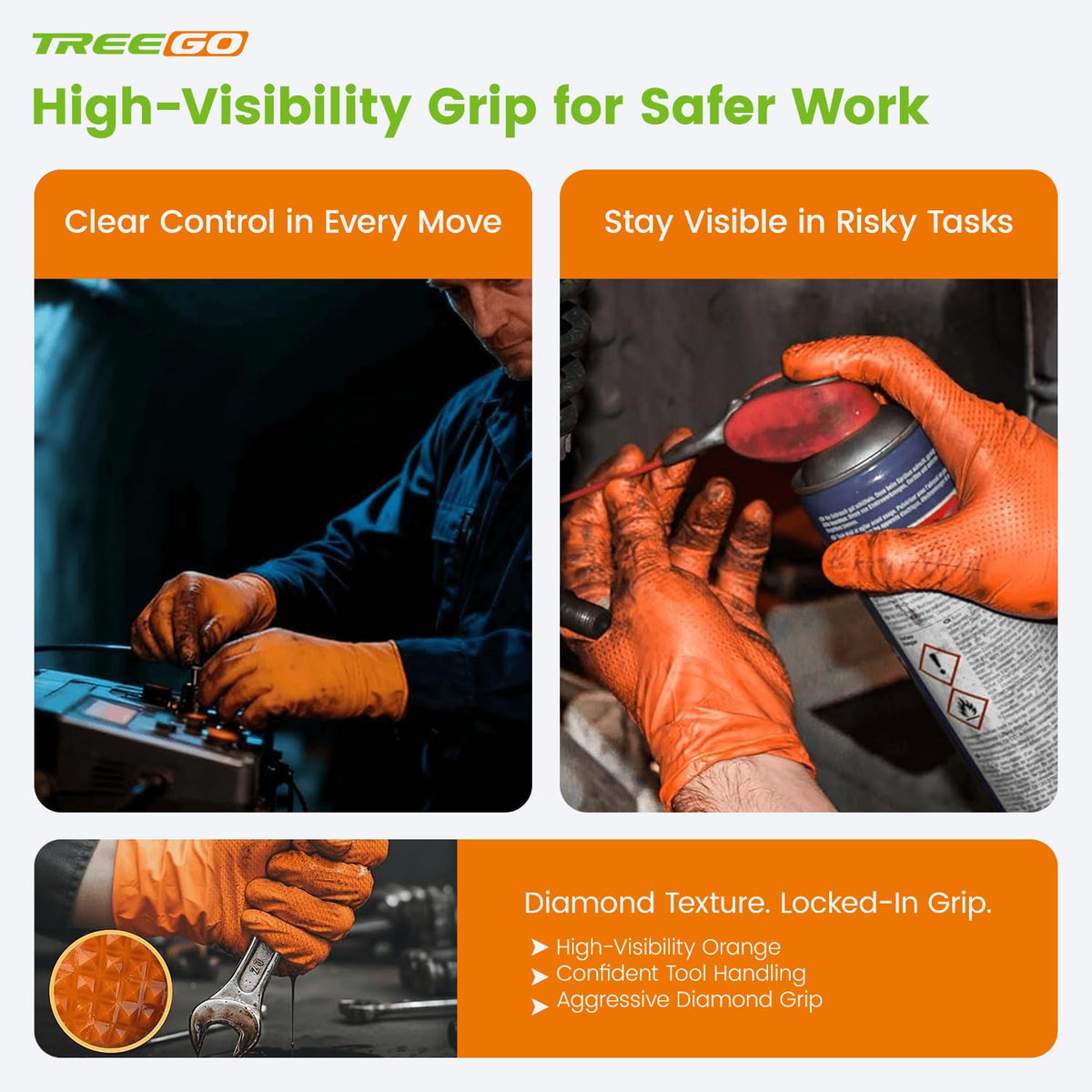 TREEGO 10mil nitrile gloves for mechanics handling large tools.