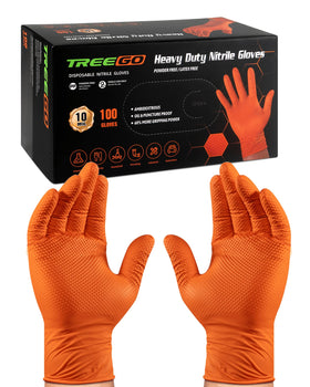 TREEGO 10mil orange nitrile gloves with high-vis grip for safer tool handling.
