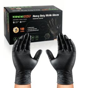 TREEGO Black 10 mil nitrile gloves with diamond grip for secure handling during repairs.