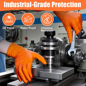 TREEGO diamond-grip orange nitrile gloves improve control in oily environments.