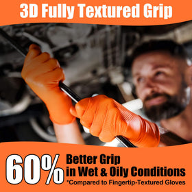 TREEGO orange nitrile gloves show tear resistance for heavy-duty tasks.